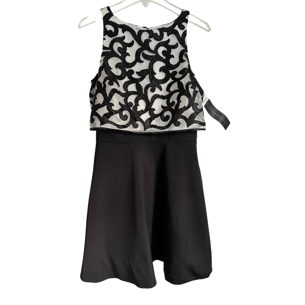 Aidan Mattox Women Black White Embroidered Cocktail Dress Size 10 MD0746